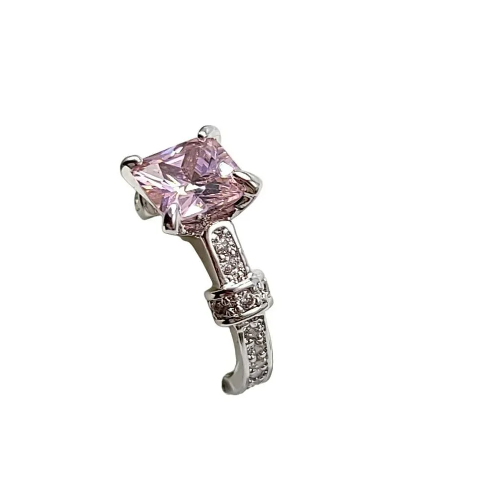 Pink Princess Cut Glass Rhinestone CZ Silver Plated Cocktail Ring Size 5